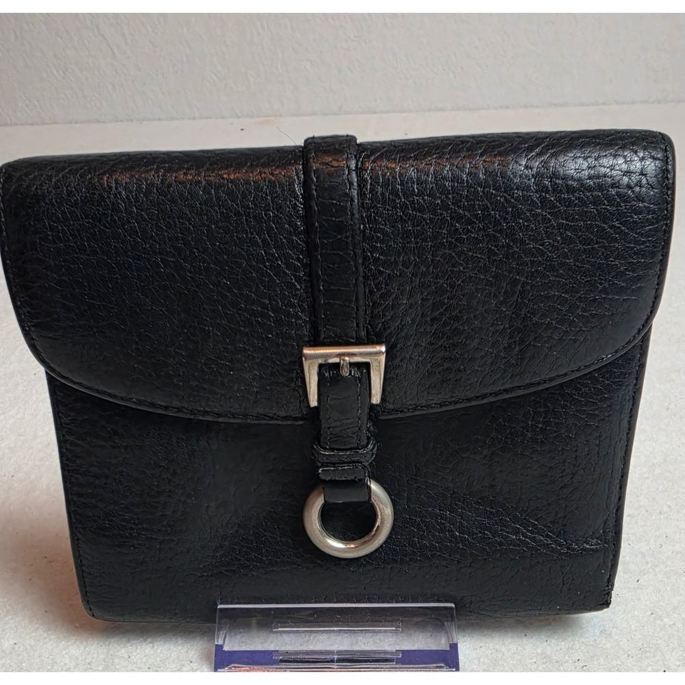 Authentic Black Pebbled Leather Trifold Wallet Buckle Ring Detail Made in Italy
